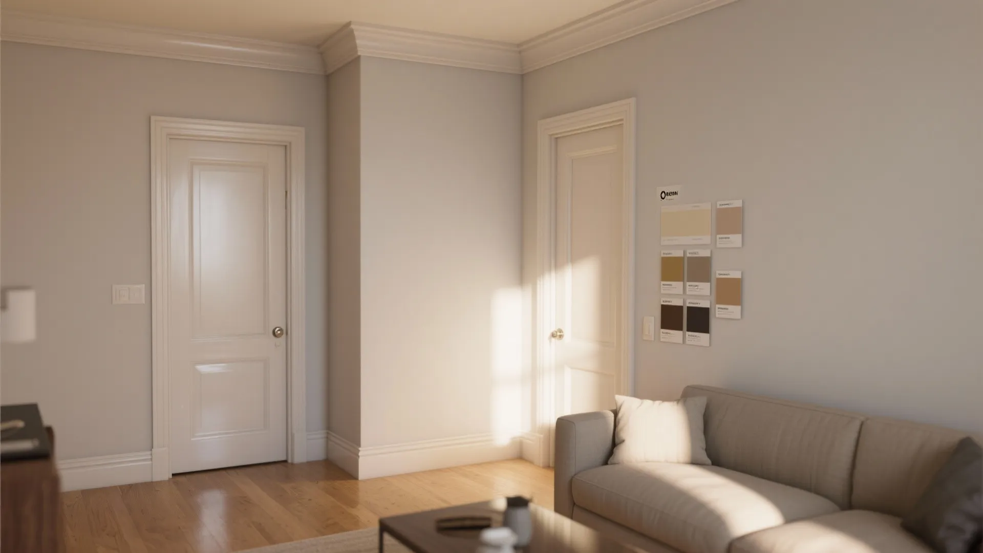 Neutral living room with grey sofa wooden floor white doors and color samples on wall