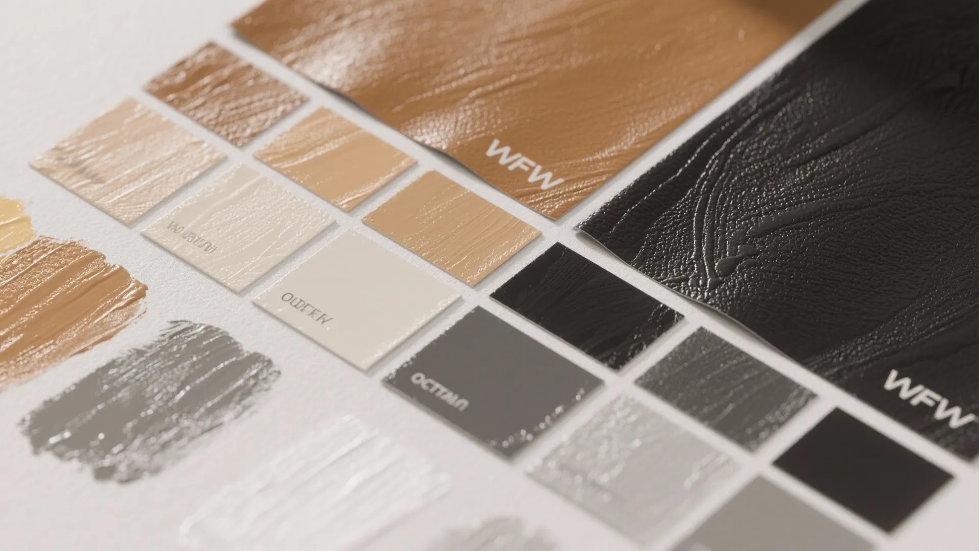 Top-down flatlay of matte and satin vinyl paint swatches on textured vinyl showing reflection and texture differences.