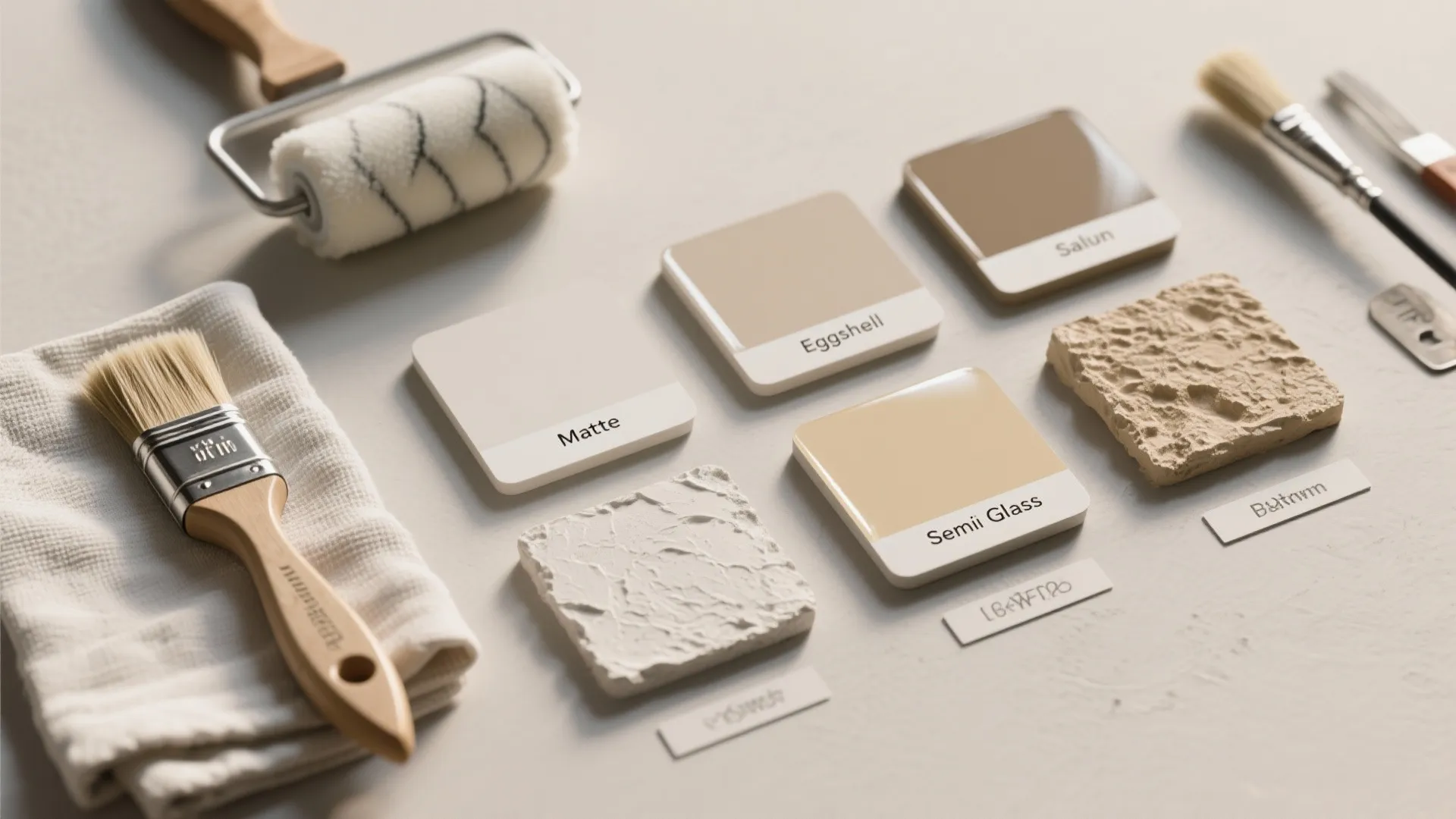 Various paint finish samples on a table with paint brushes and a small roller tool
