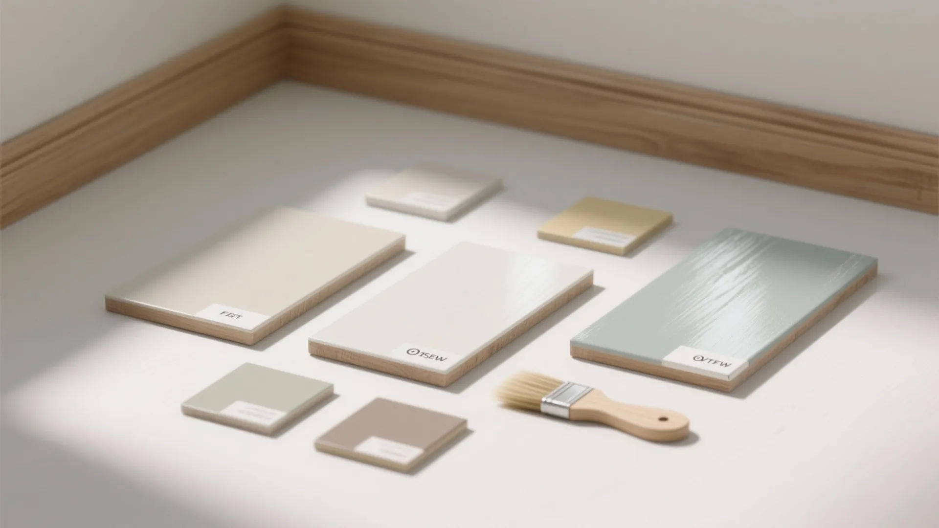 Various paint color samples and a small brush on a white surface near wood trim