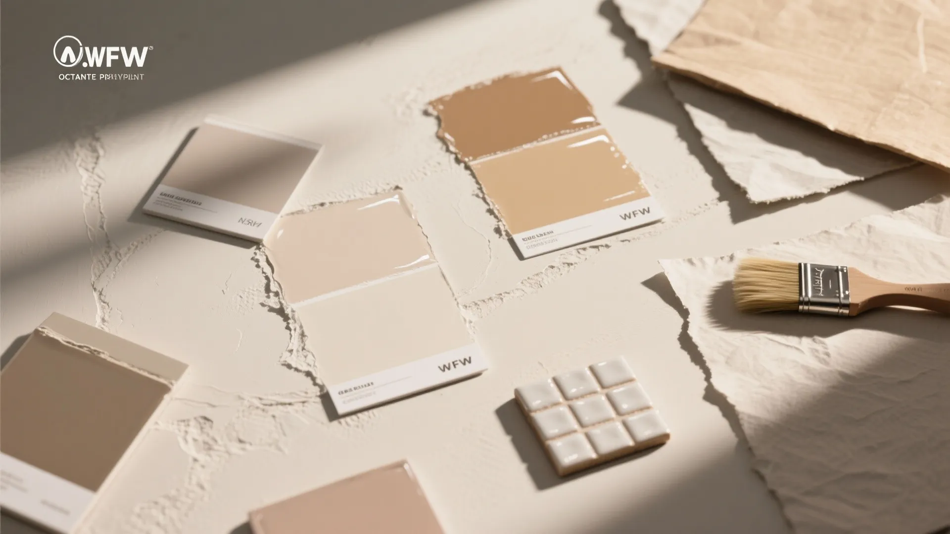 Beige and cream paint color samples on a table with a brush and small tiles