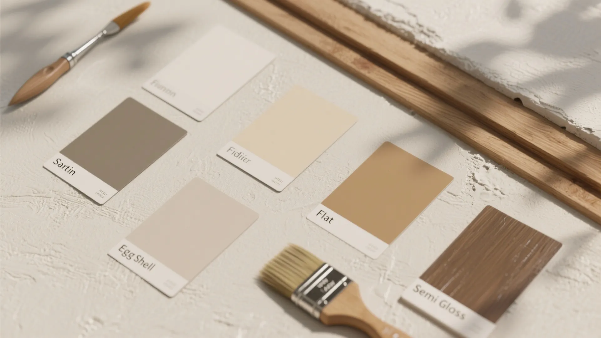 Various paint color samples on a white textured surface with a paint brush and knife