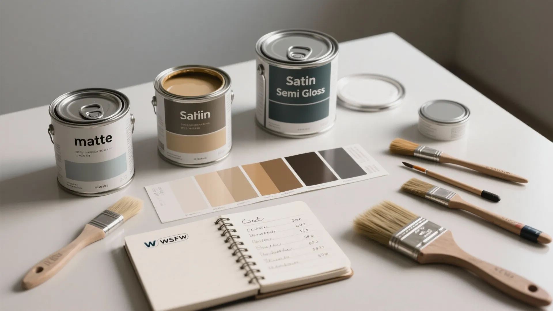 Table with paint cans paint brushes color swatches and notebook for a home renovation project