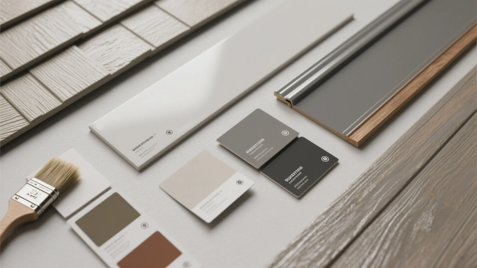 A collection of building material samples including wood panel tile swatches and a paint brush