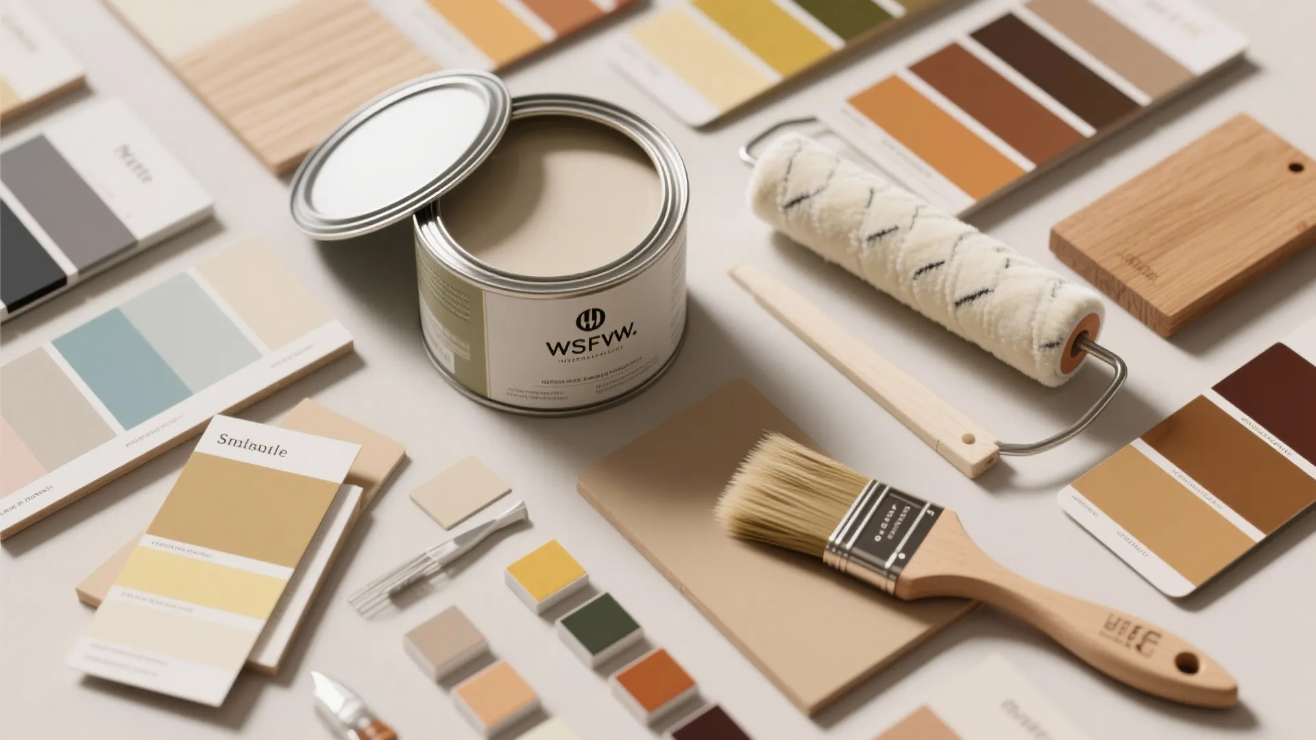 Flatlay of paint swatches and finish test boards showing matte, eggshell, and satin samples with brushes and a paint tin.