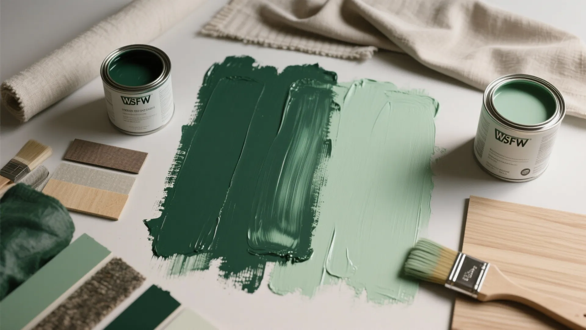 Top-down view of matte and eggshell dark green paint swatches with wood and fabric samples to compare textures.