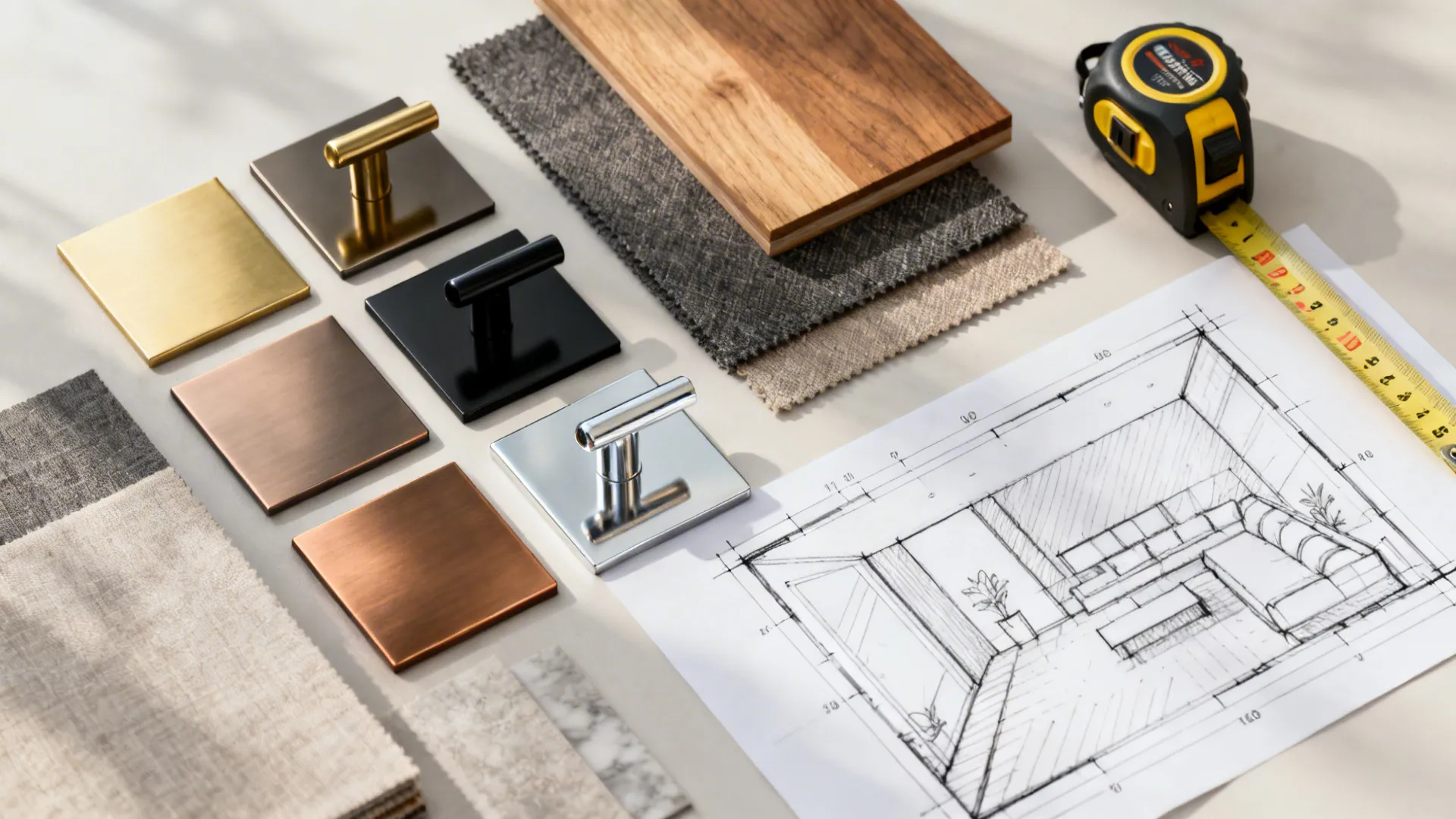 Flatlay of metal finish samples and material swatches with a tape measure and room sketch.