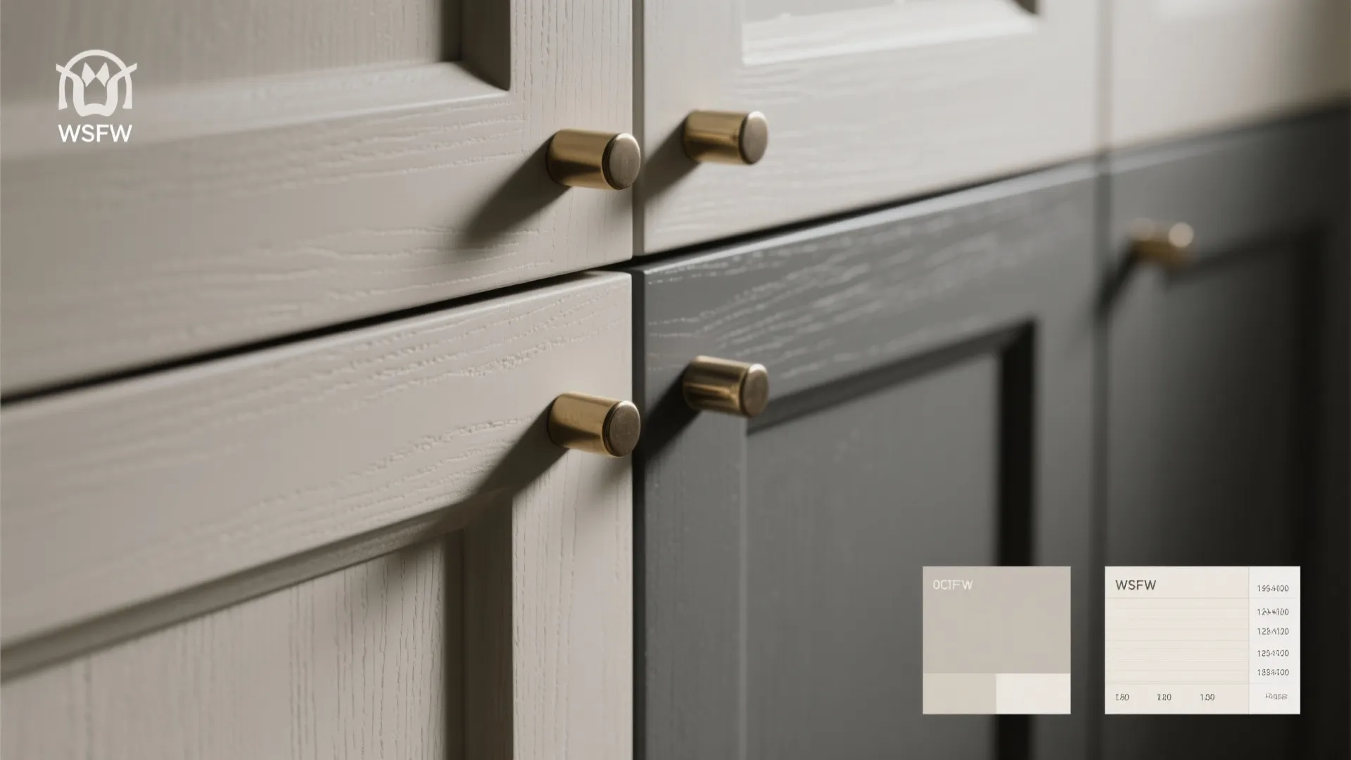 Close-up of gray cabinet finish samples and hardware showing textures and undertones.