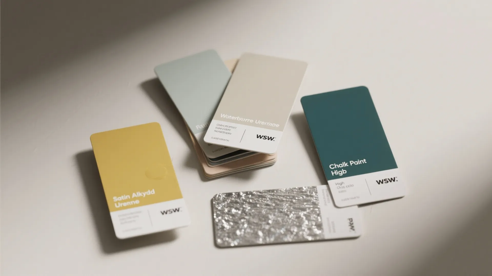 Collection of colorful paint material sample cards and textured silver surface on a white background