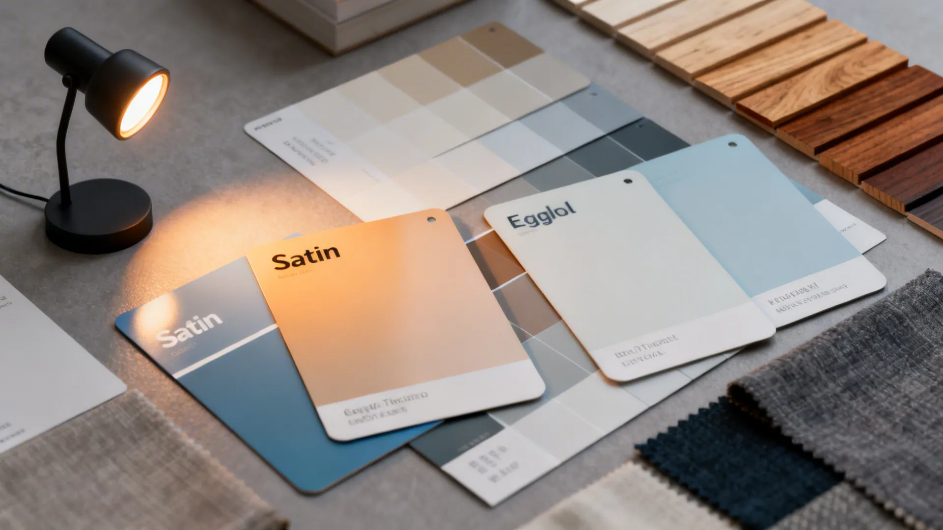 Flatlay of satin and eggshell swatches with lighting tests and material samples.