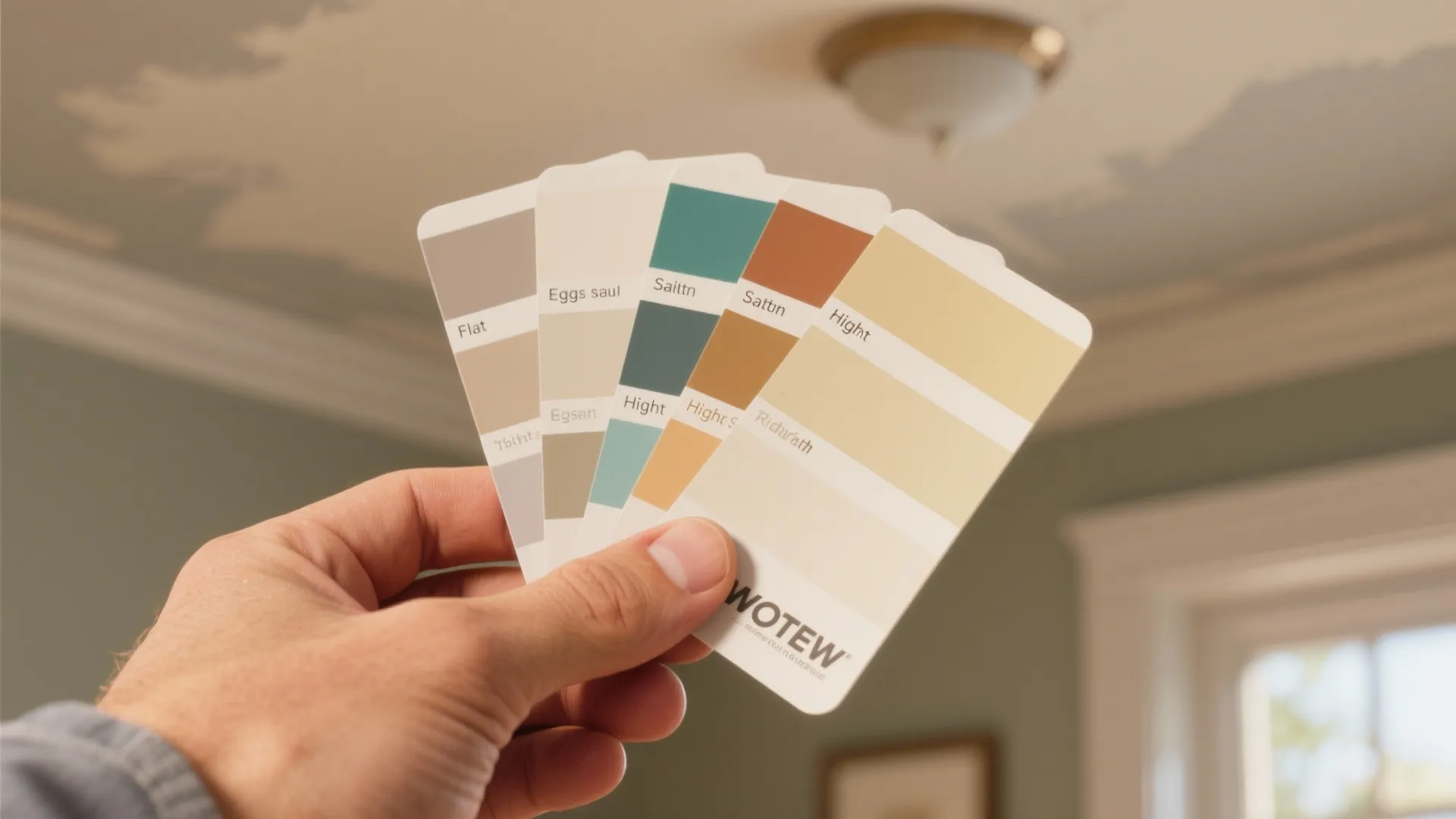 Hand holding several paint swatches in front of green walls and a white ceiling light