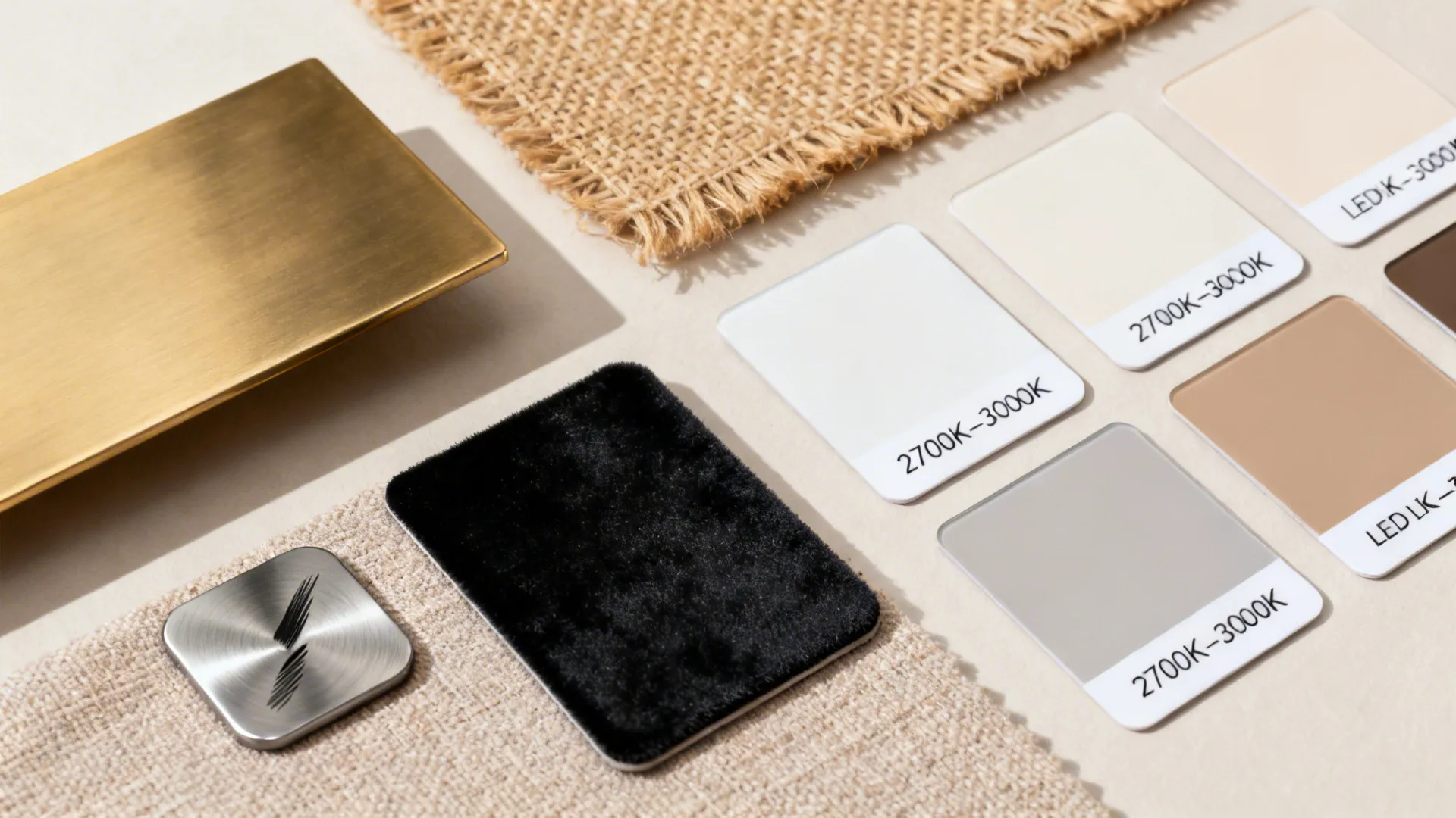 Top-down flatlay of satin brass, matte black, brushed nickel, neutral fabric, and warm LED temperature cards.