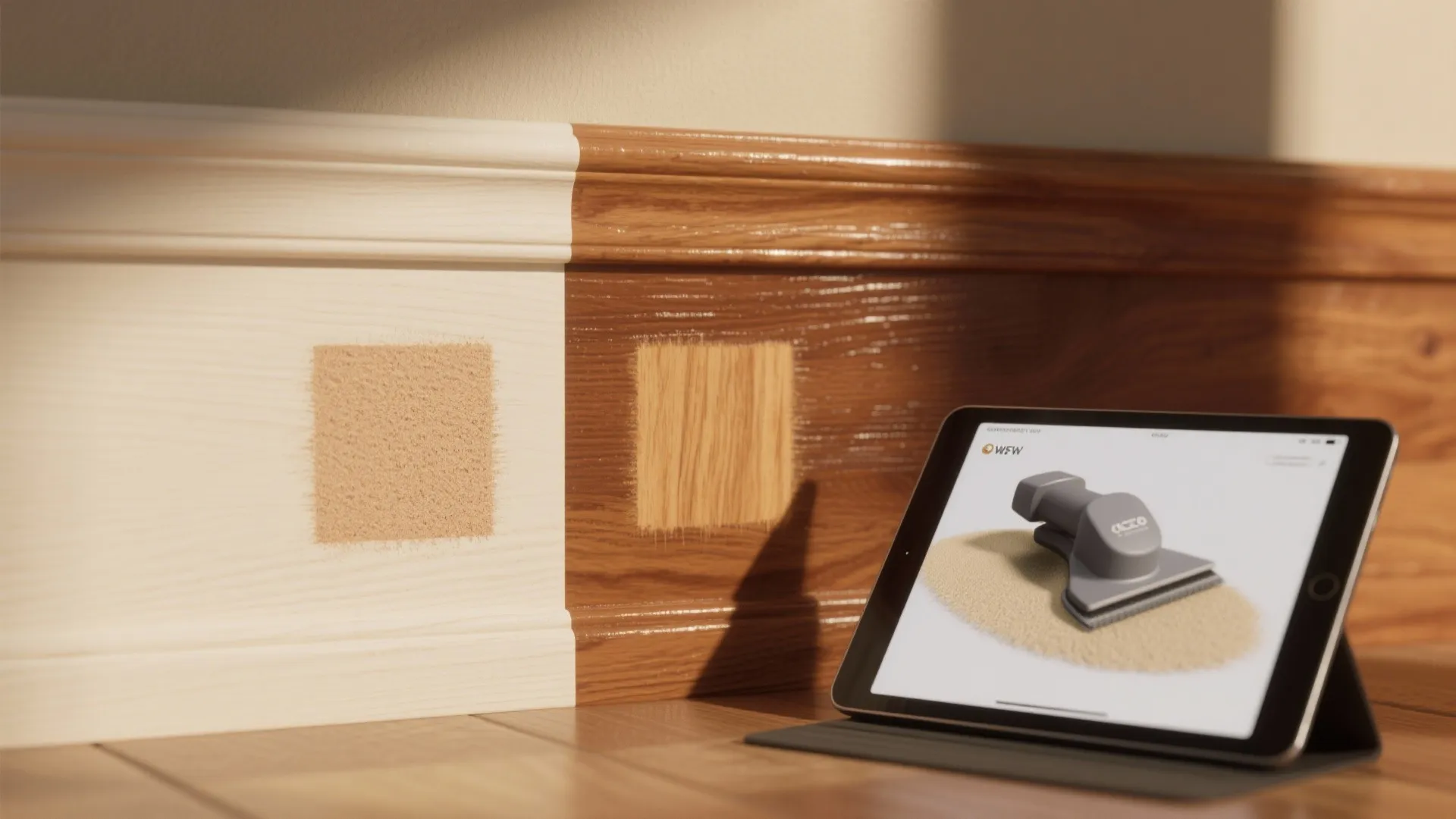 Comparison of white and wood wall panel finishes next to tablet showing vacuum for dust