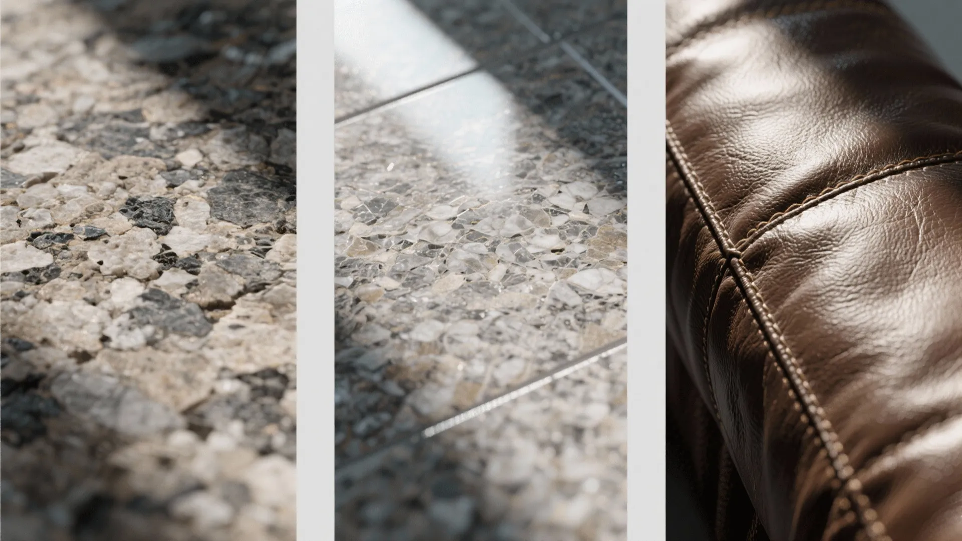 Close up shots of grey stone floor tiles and brown leather sofa material for interior