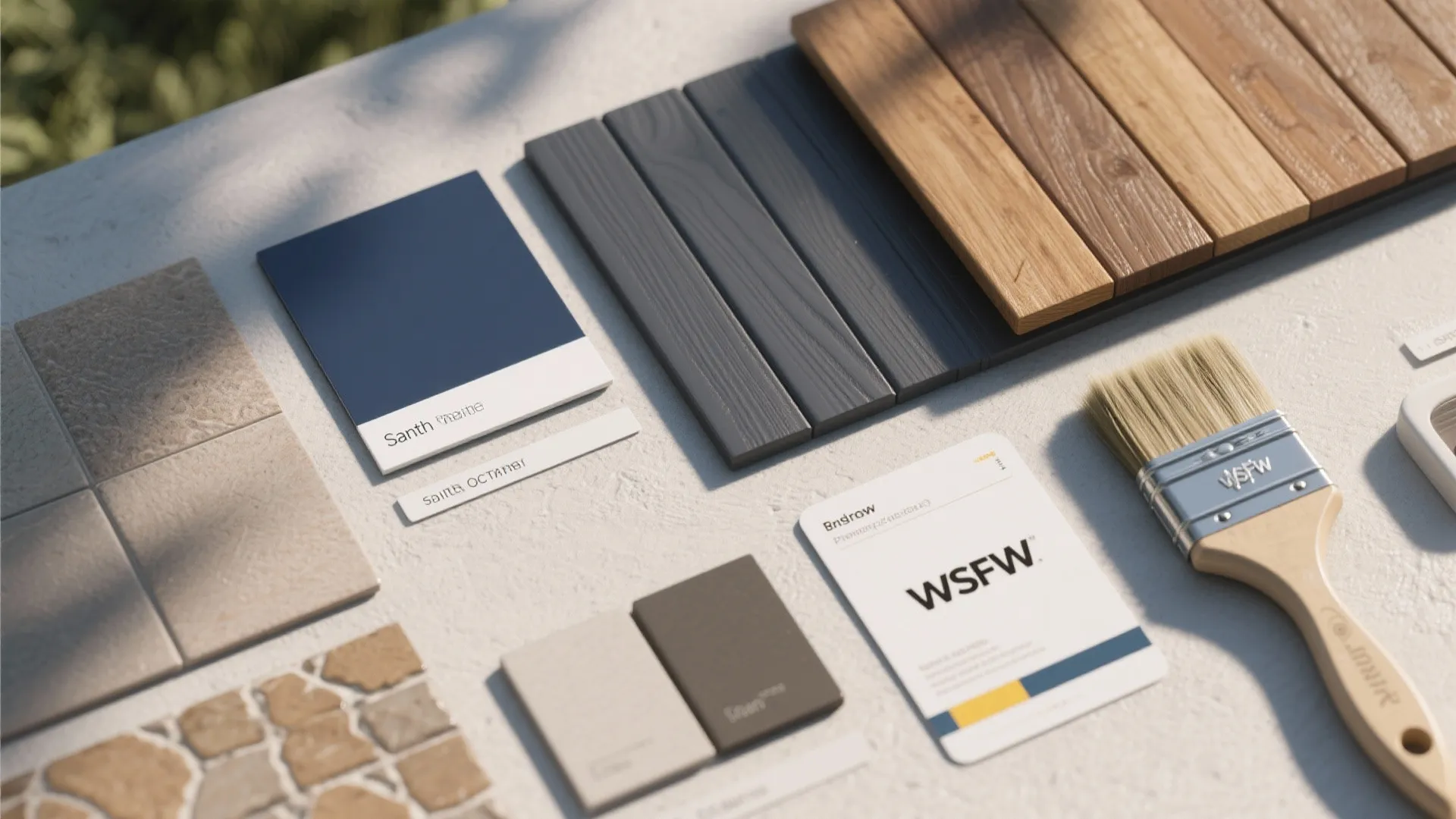 Material mood board with wood planks, blue color paint samples, stone tiles, and paint brush