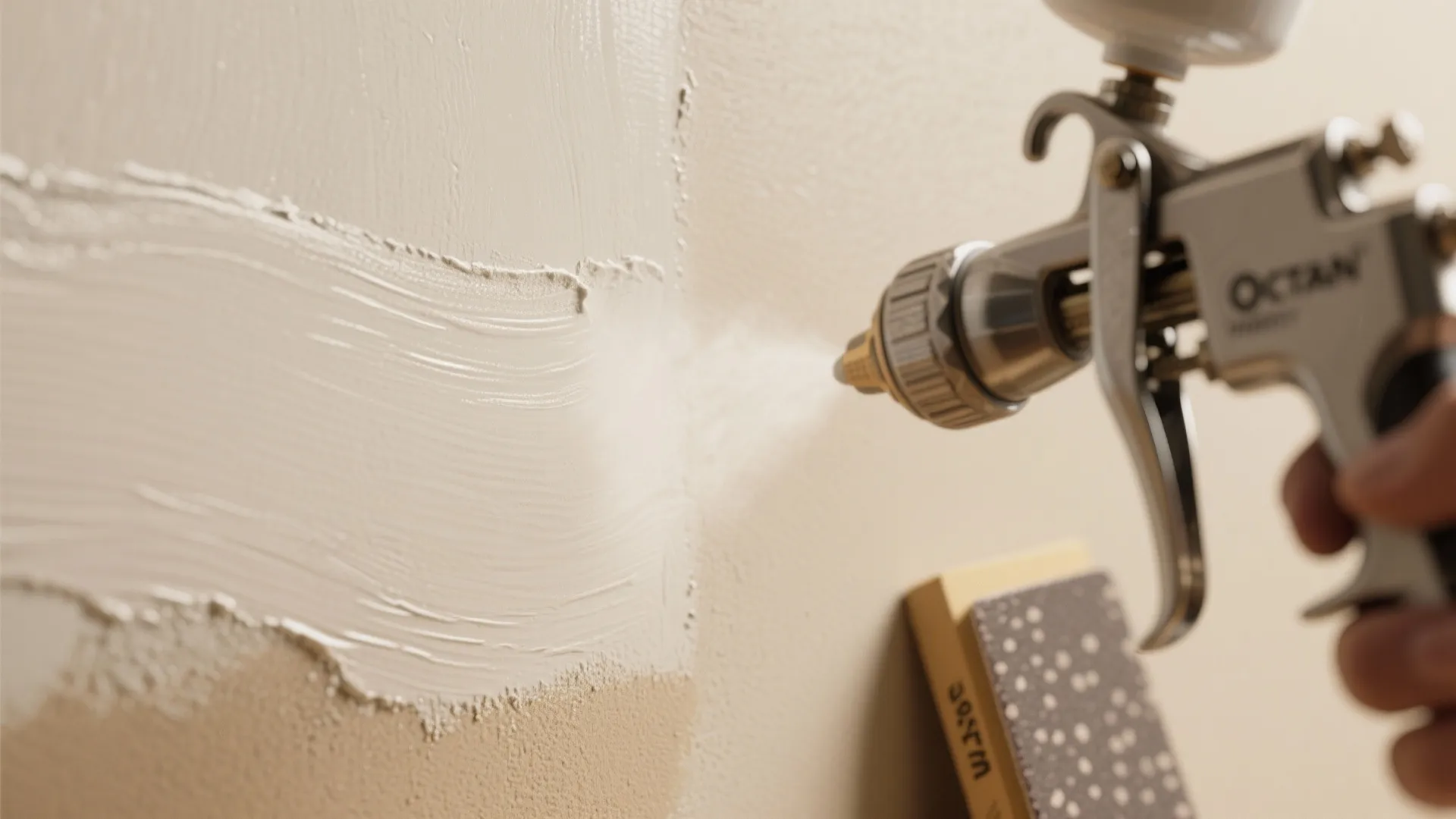 Close up view of a hand using a spray gun to apply white paint on wall