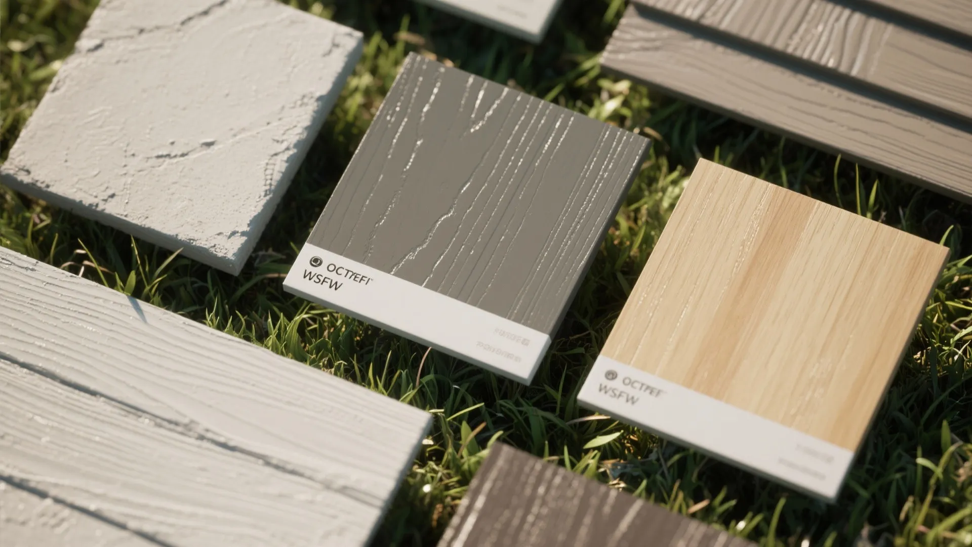 Macro close-up of matte, satin, and low-sheen paint finishes on stucco and wood sample panels.
