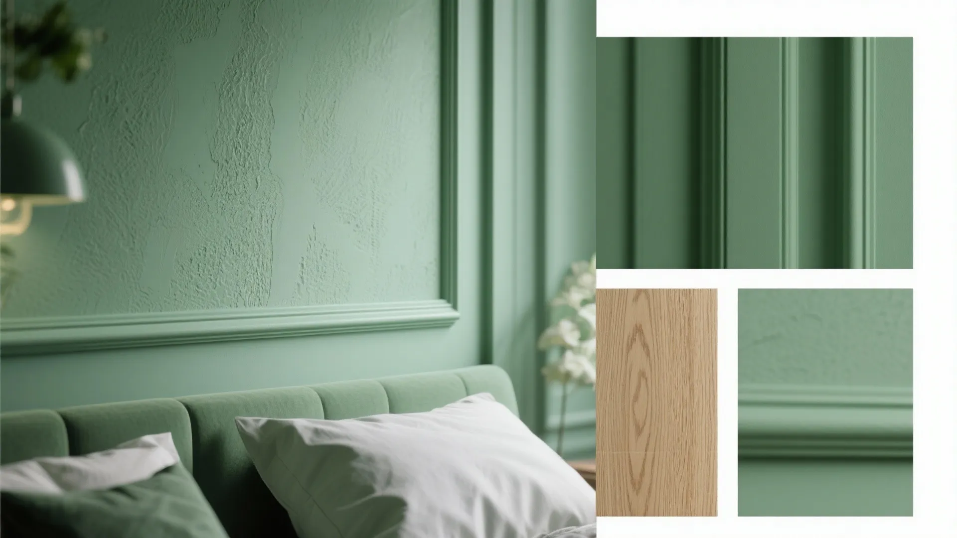 Green wall panel with textured surface wood sample and soft green fabric headboard in bedroom