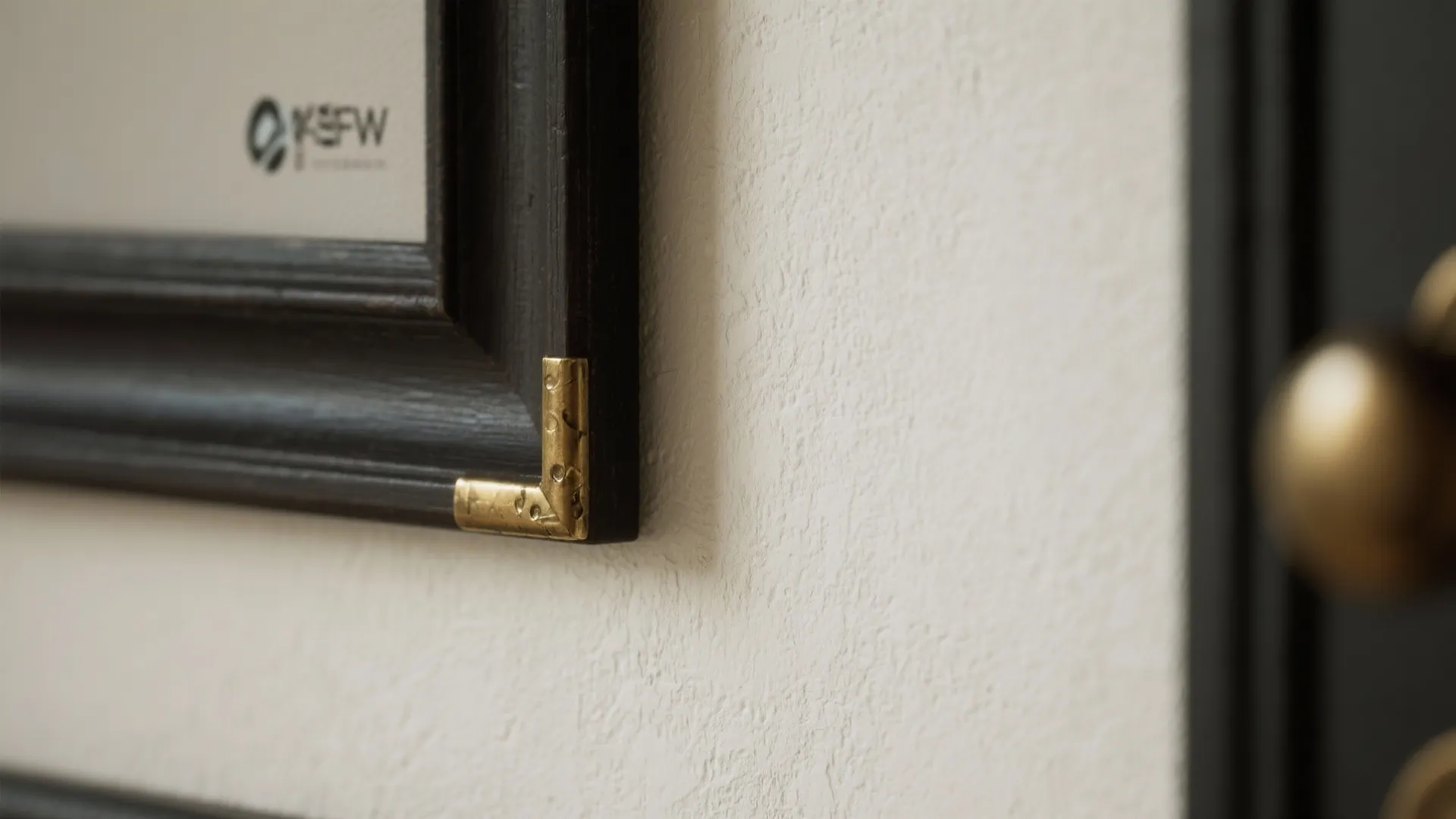 Macro shot of eggshell painted wall texture with a dark frame and brass hardware.