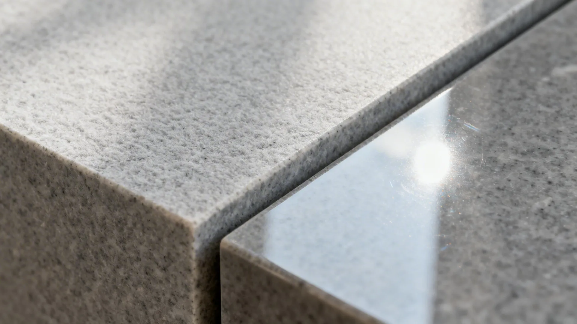 Macro of honed quartz texture beside a polished stone surface showing different light reflections.