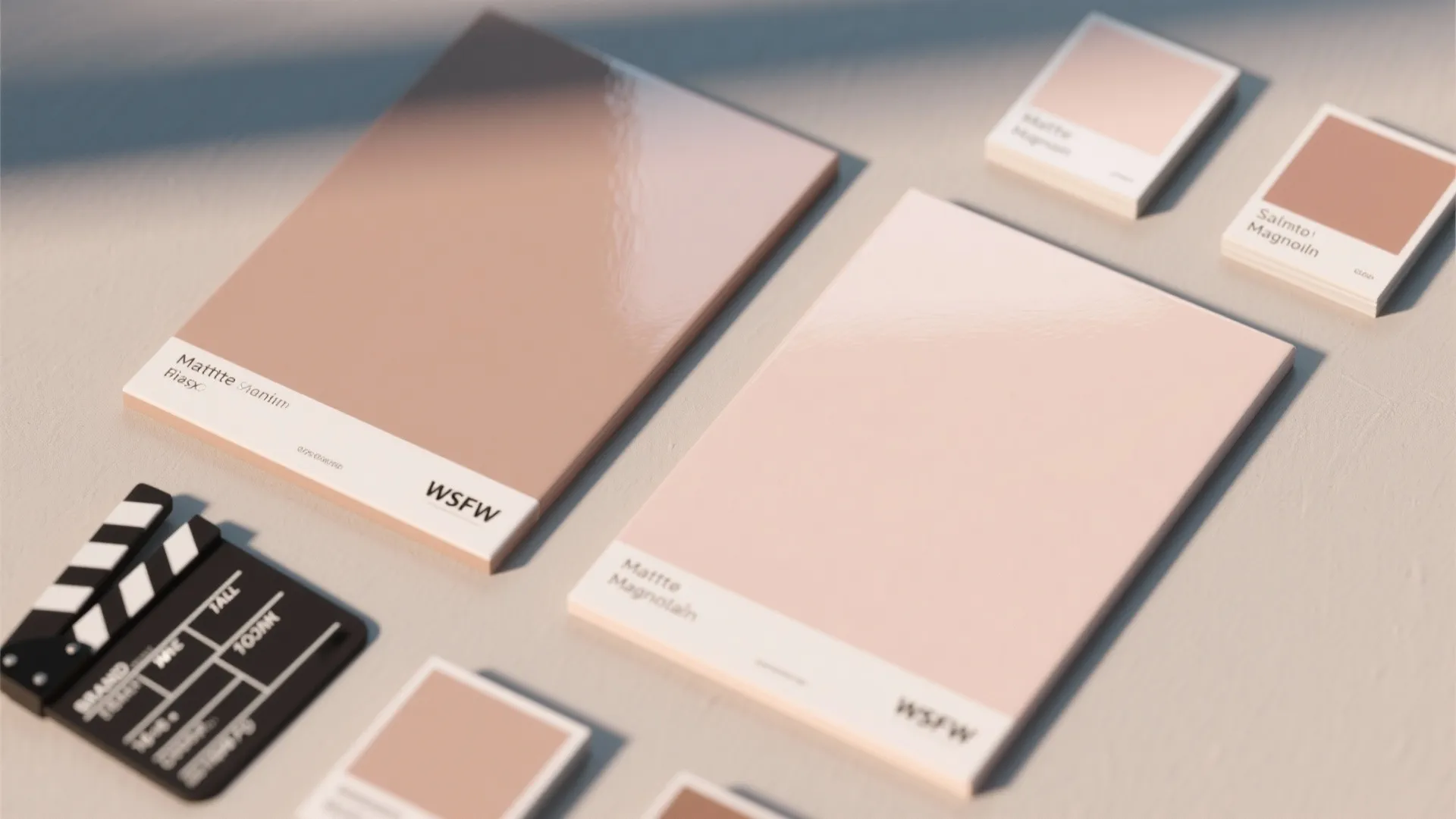 Top-down view of paint swatches and clapboard samples comparing matte and satin magnolia finishes.