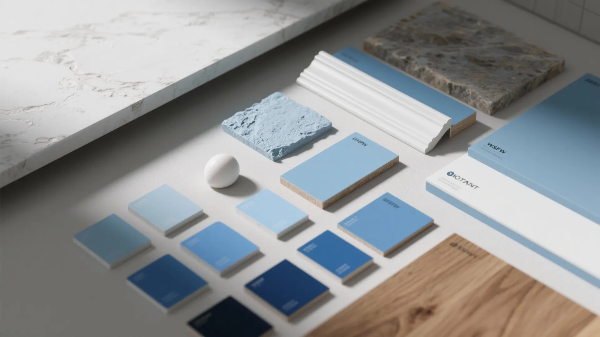 Interior design materials showing blue paint samples marble pieces wood texture and white wall panel pieces