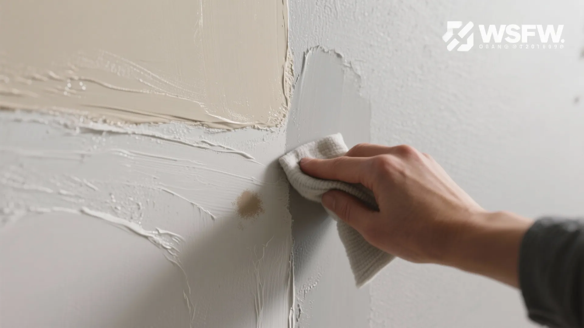 Hand using a white cloth to wipe or apply texture paste on a neutral wall surface