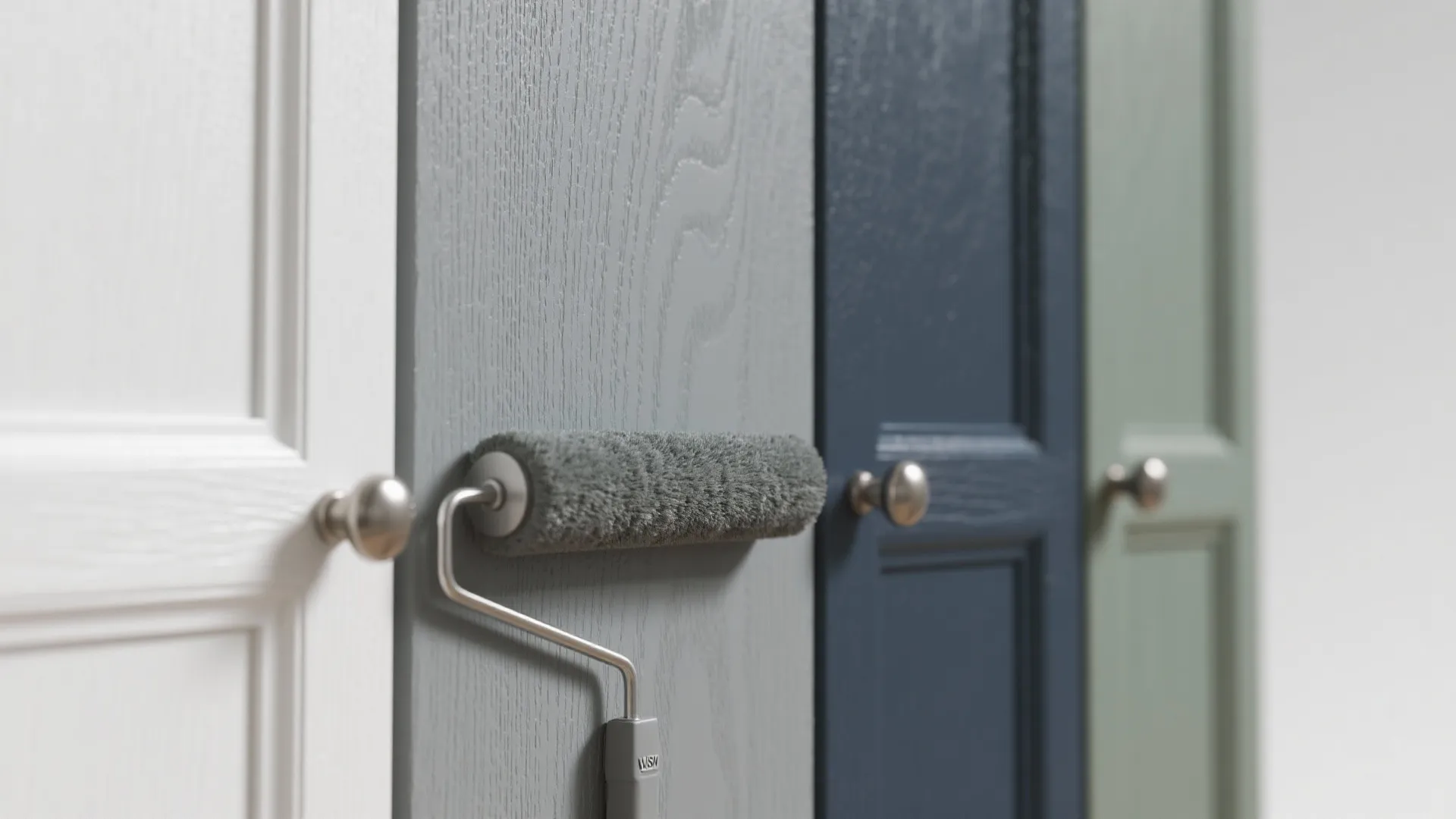 Macro view of paint finish textures for white, gray, navy and sage cabinet samples.