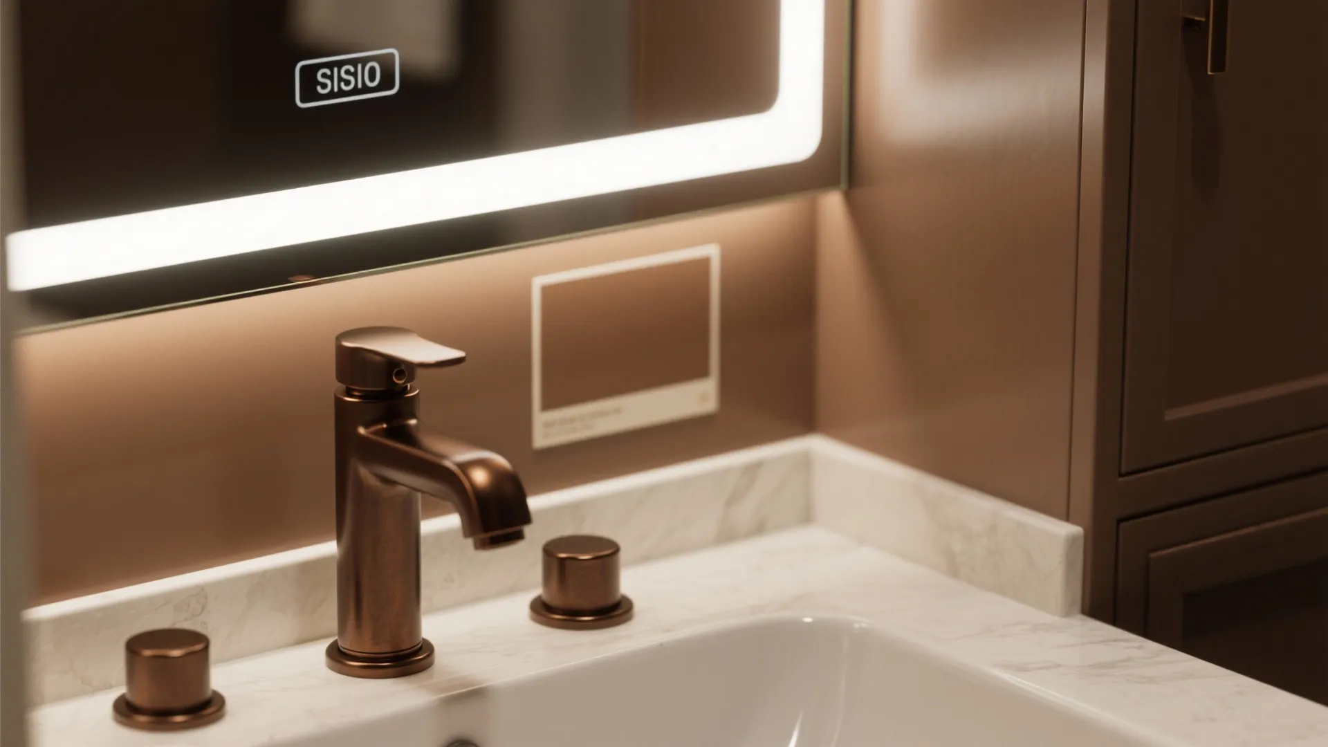 Close-up of semi-gloss brown paint, oil-rubbed bronze hardware, and high-CRI LED mirror strip.