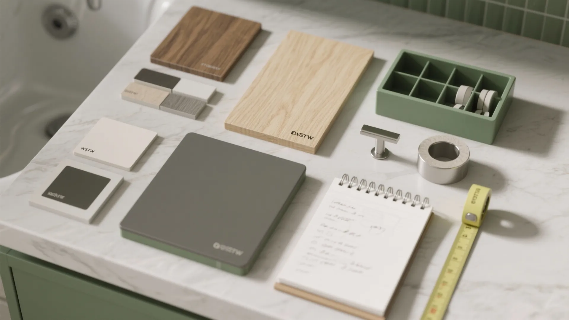 Material samples and a notepad on a marble counter showing wood tiles and green hardware