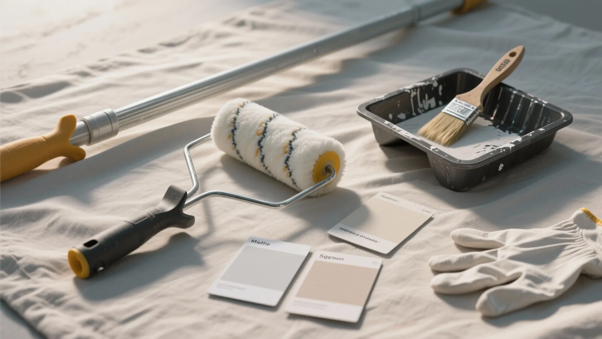 Paint roller tray with brush color swatches and white gloves placed on protective drop cloth