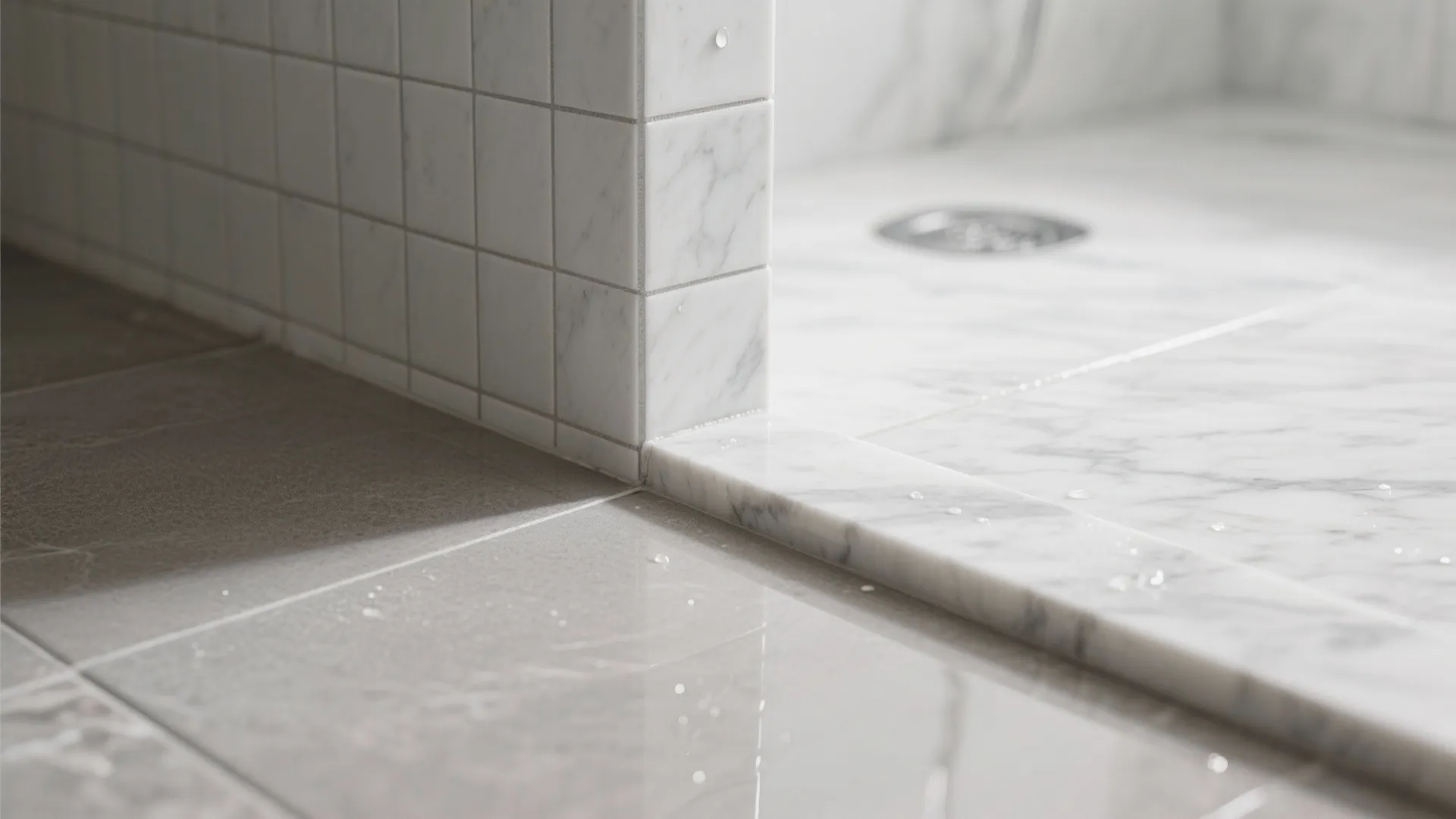 Macro of honed floor meeting polished marble wall at shower threshold.