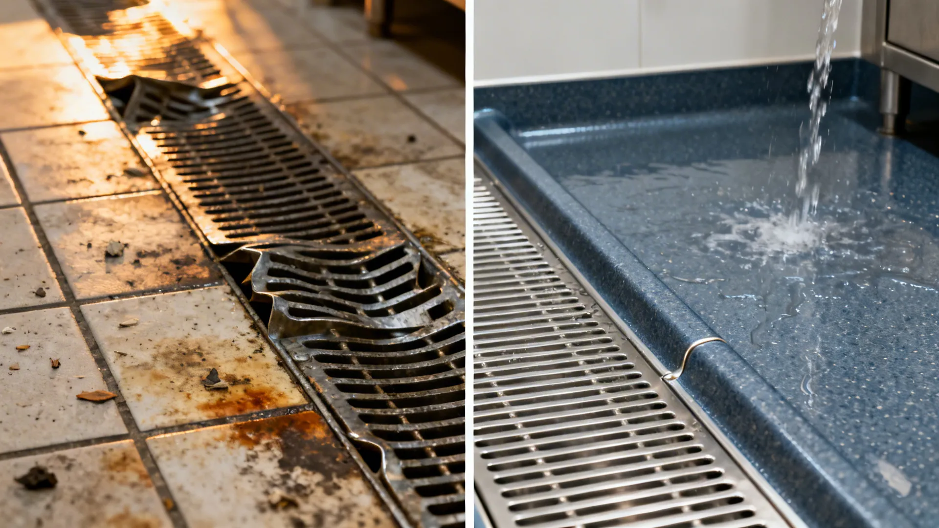 Before-and-after of a cook line floor showing a warped grate versus a 316 stainless grate on a coved epoxy floor.