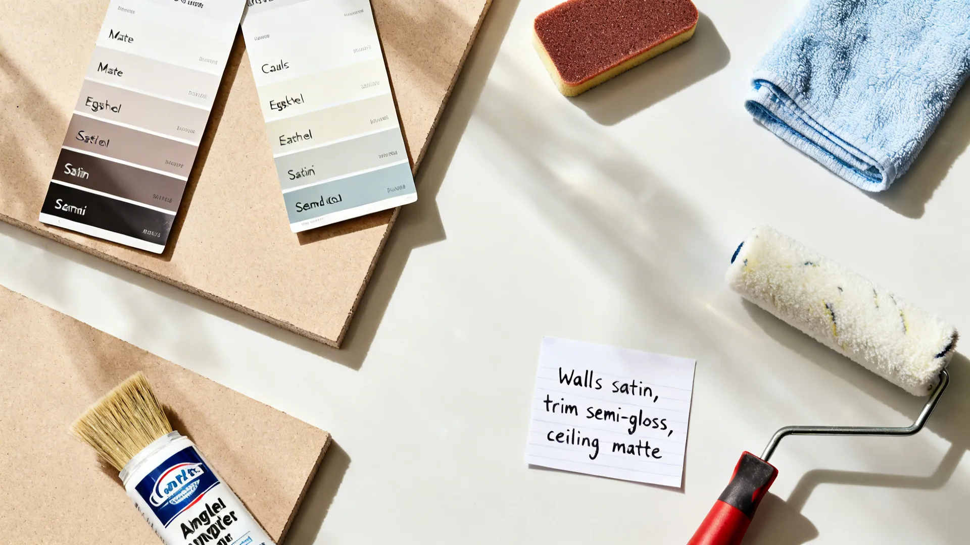 Top-down layout of paint sheen samples and tools for durable kitchen finishes.