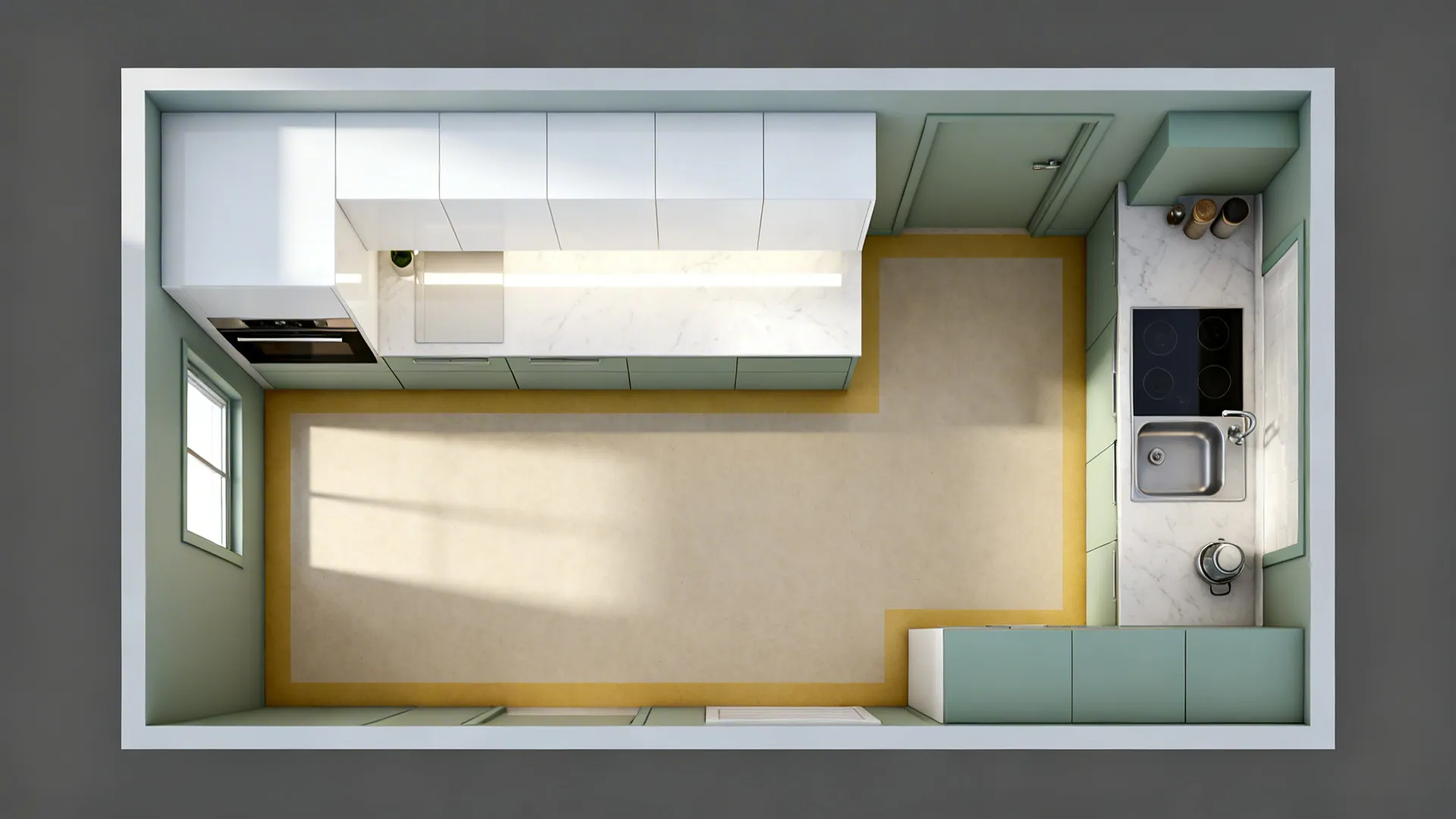 Top-down finish zoning plan showing gloss backsplash, matte beige floors, and sage trims.