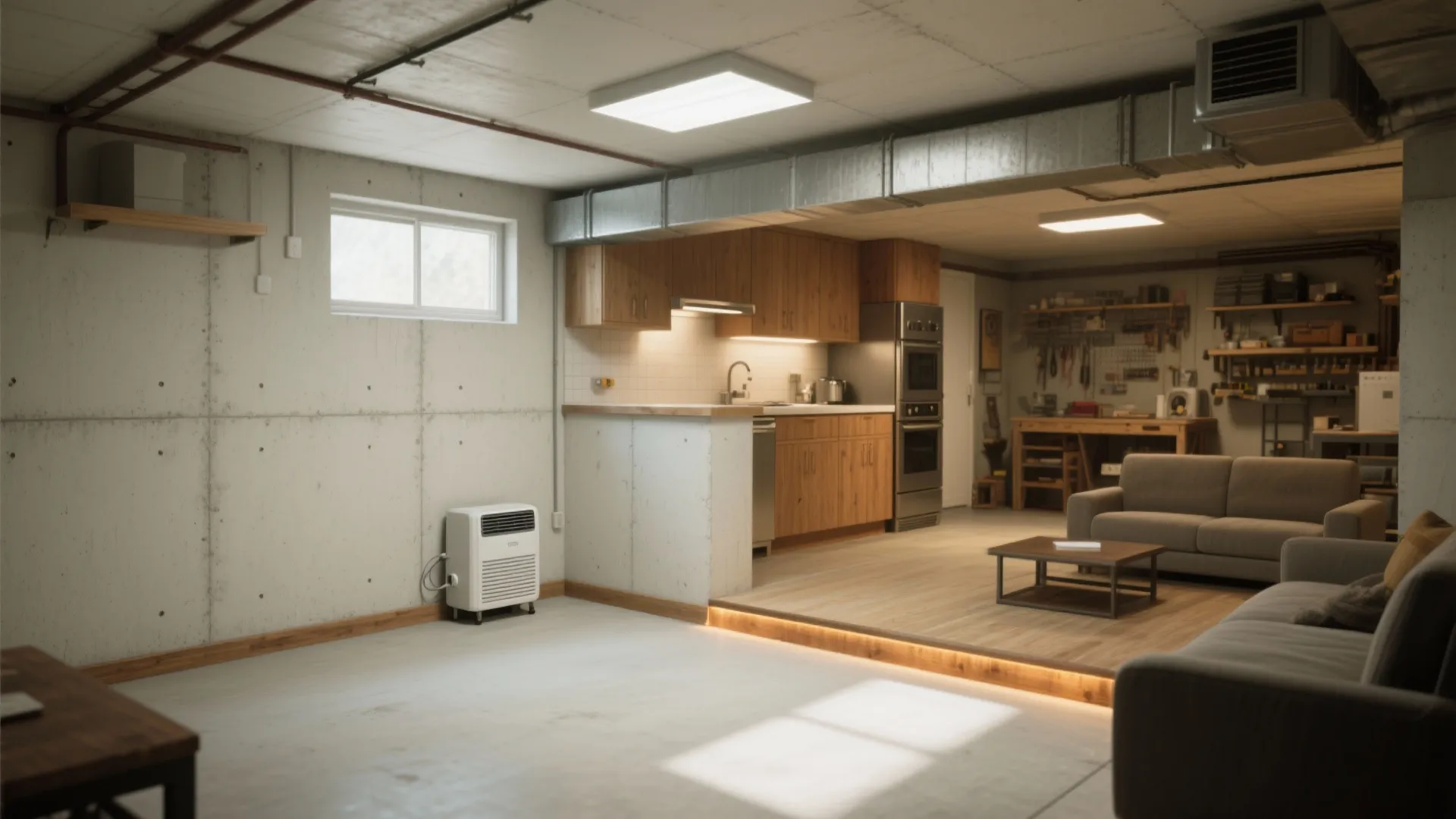 Modern basement room layout with concrete walls wooden kitchen cabinets grey sofa and warm lighting