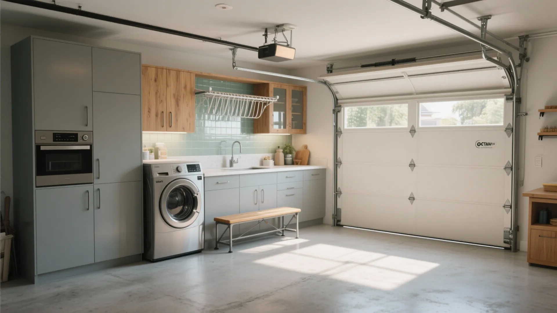 Finished, bright garage laundry showcasing L-shaped counter, vertical storage, folding bench and ceiling drying for a tidy workflow.