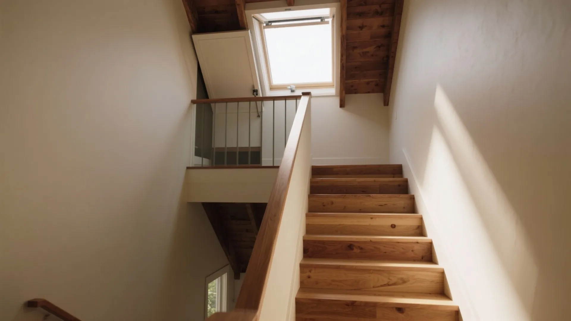 Modern wooden stairs leading to an upper floor with white walls and a large roof window