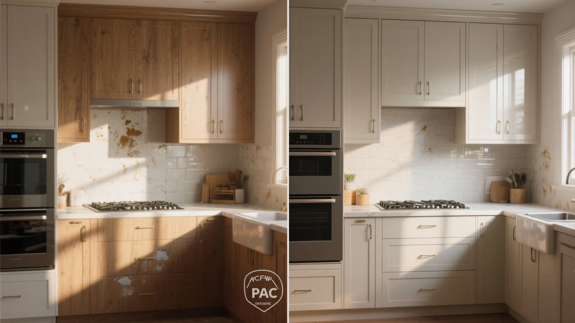Before and after comparison of old wood kitchen cabinets versus new clean white cabinet design