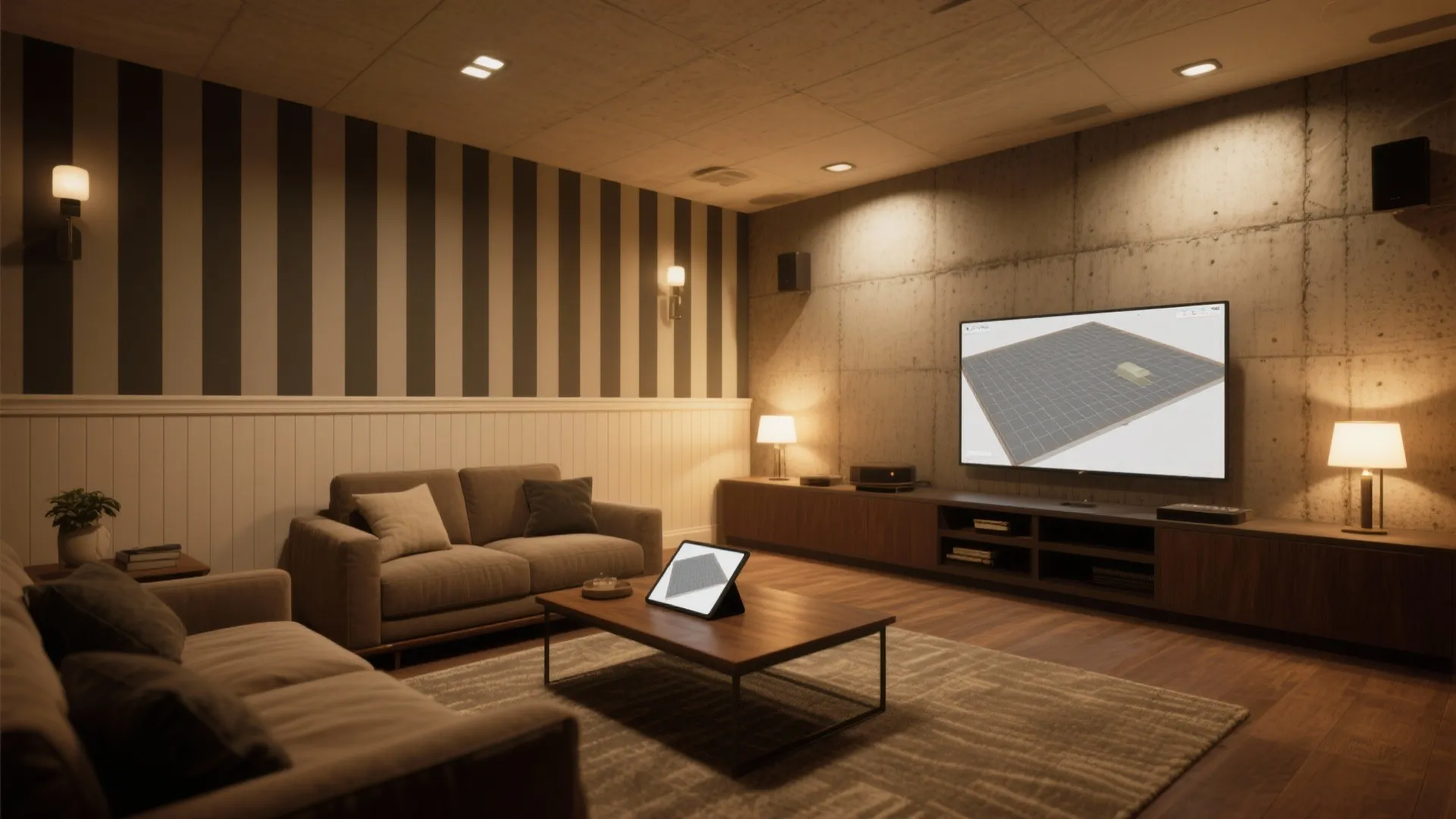 Media room with concrete wall striped wallpaper TV showing interior design drawing and coffee table