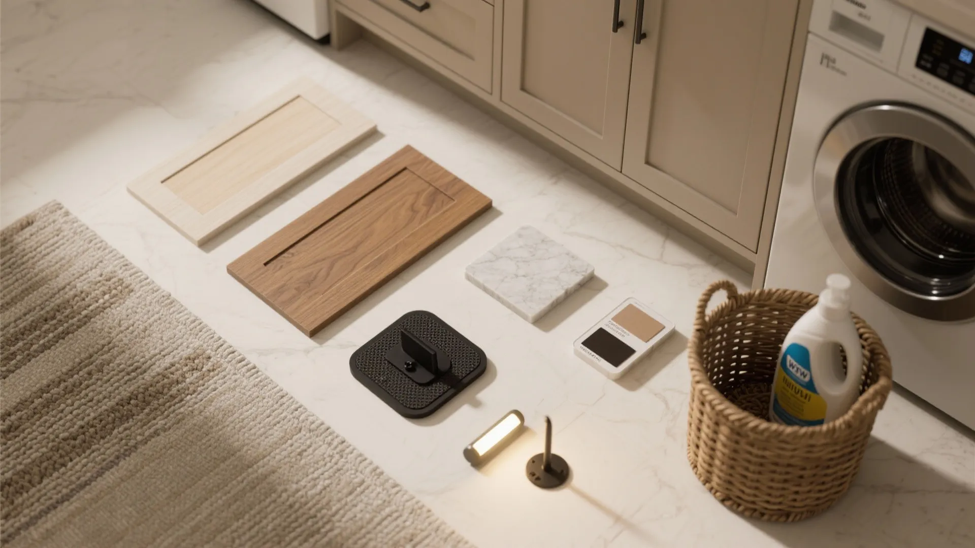 Interior design material samples including wood panels marble tile and light fixture on white stone floor