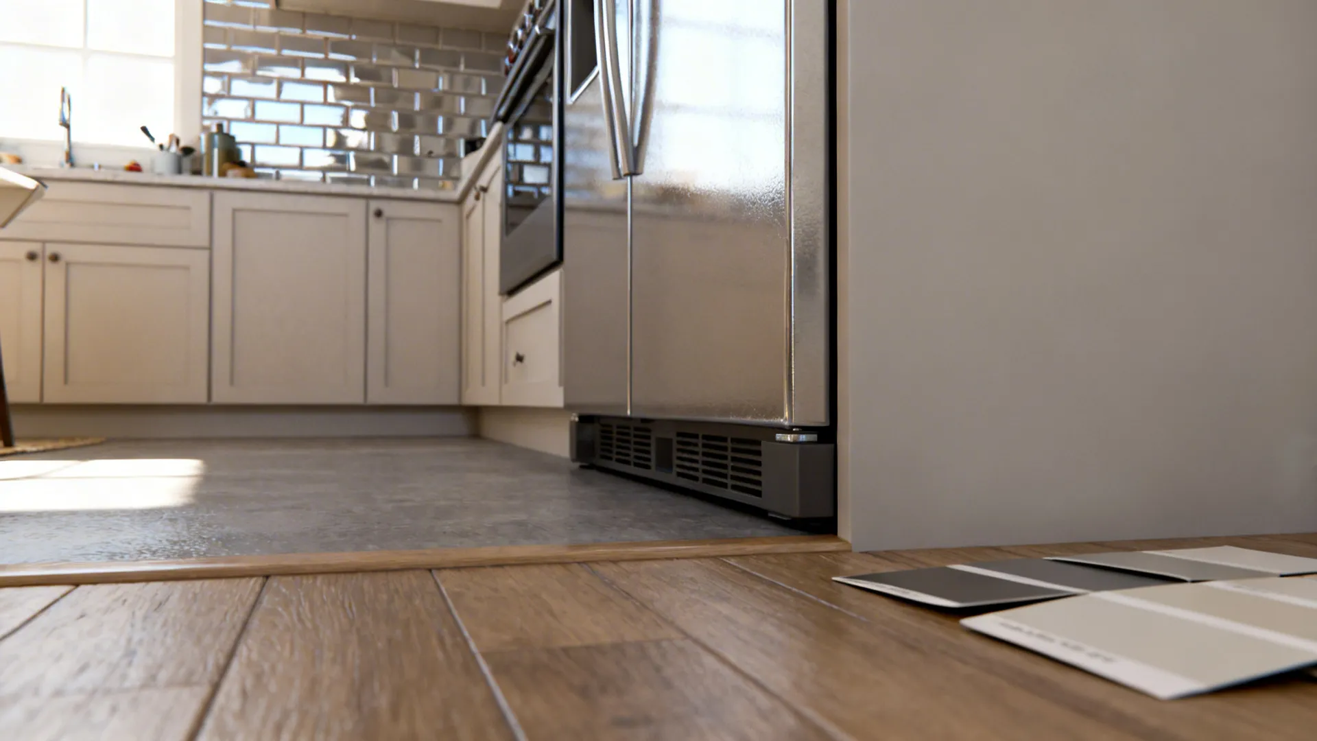 Close-up of continuous flooring, reflective backsplash and slimline appliance details for small kitchens