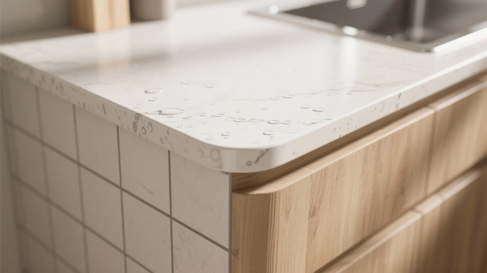 Close up of water drops on a white marble countertop next to a kitchen sink area