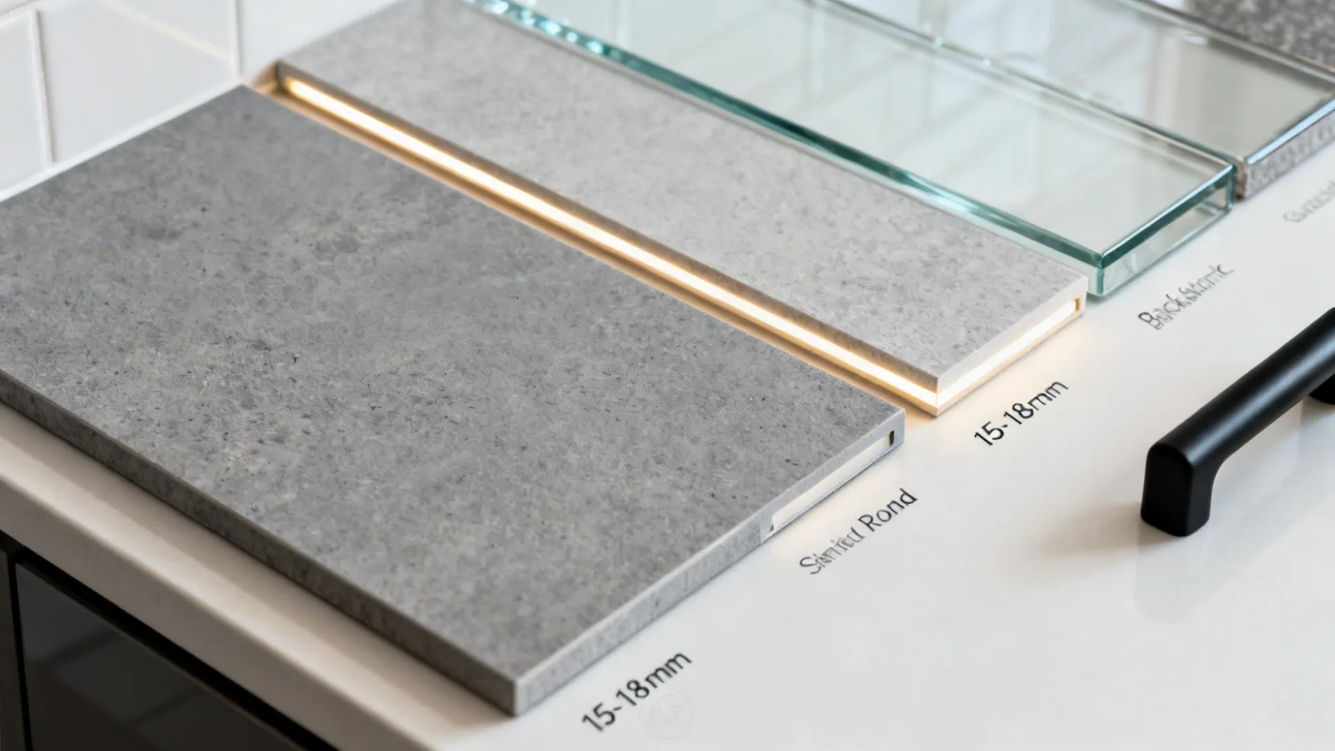 Top-down flat lay of grey finishes, thin edge profiles, and glossy backsplash options with warm LED.