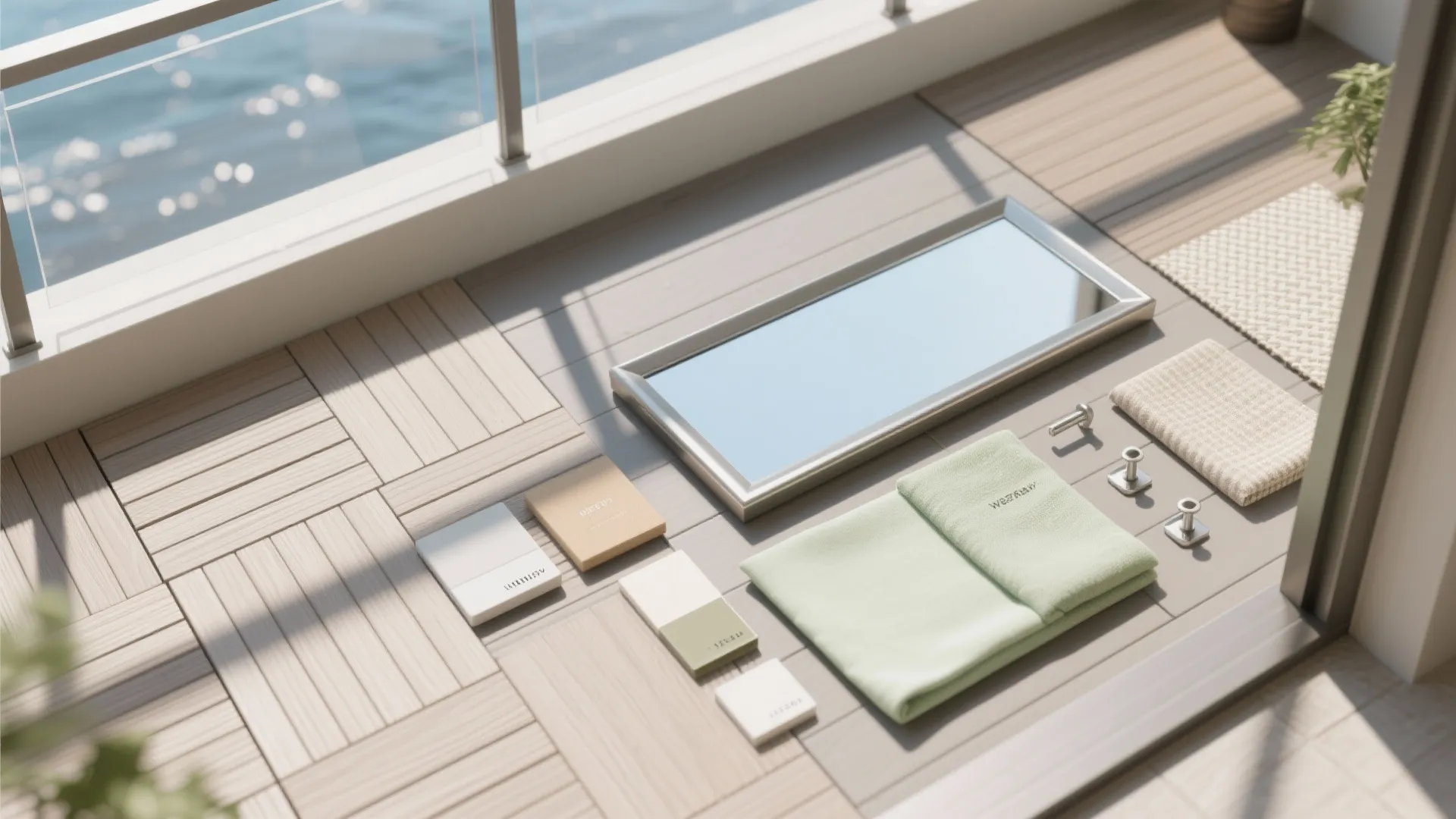 Interior design materials flat lay including wood flooring samples, mirror, green towels, and metal parts