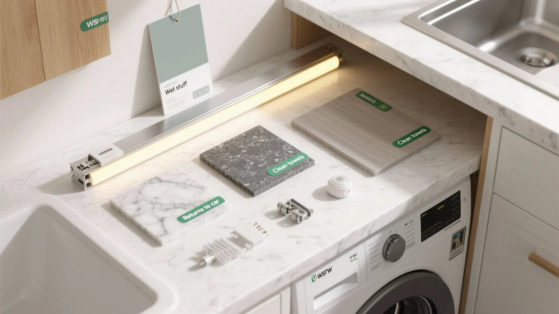 Marble and wood material samples on a white kitchen counter top above a white washing machine