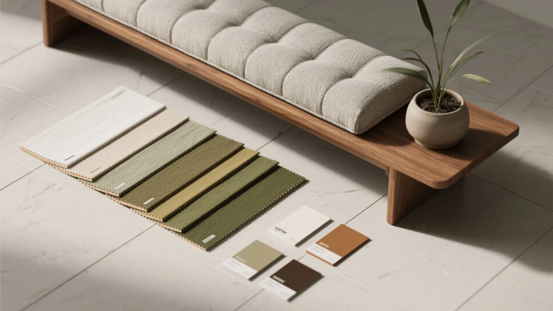 Green and neutral fabric swatches arranged on floor next to wooden bench with small plant