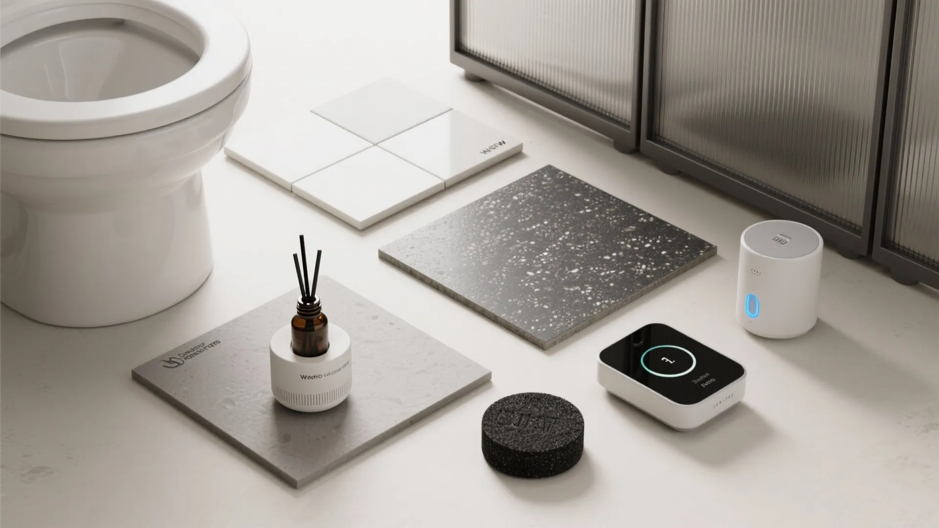 Bathroom material samples including white tiles stone boards and toilet with small smart home devices