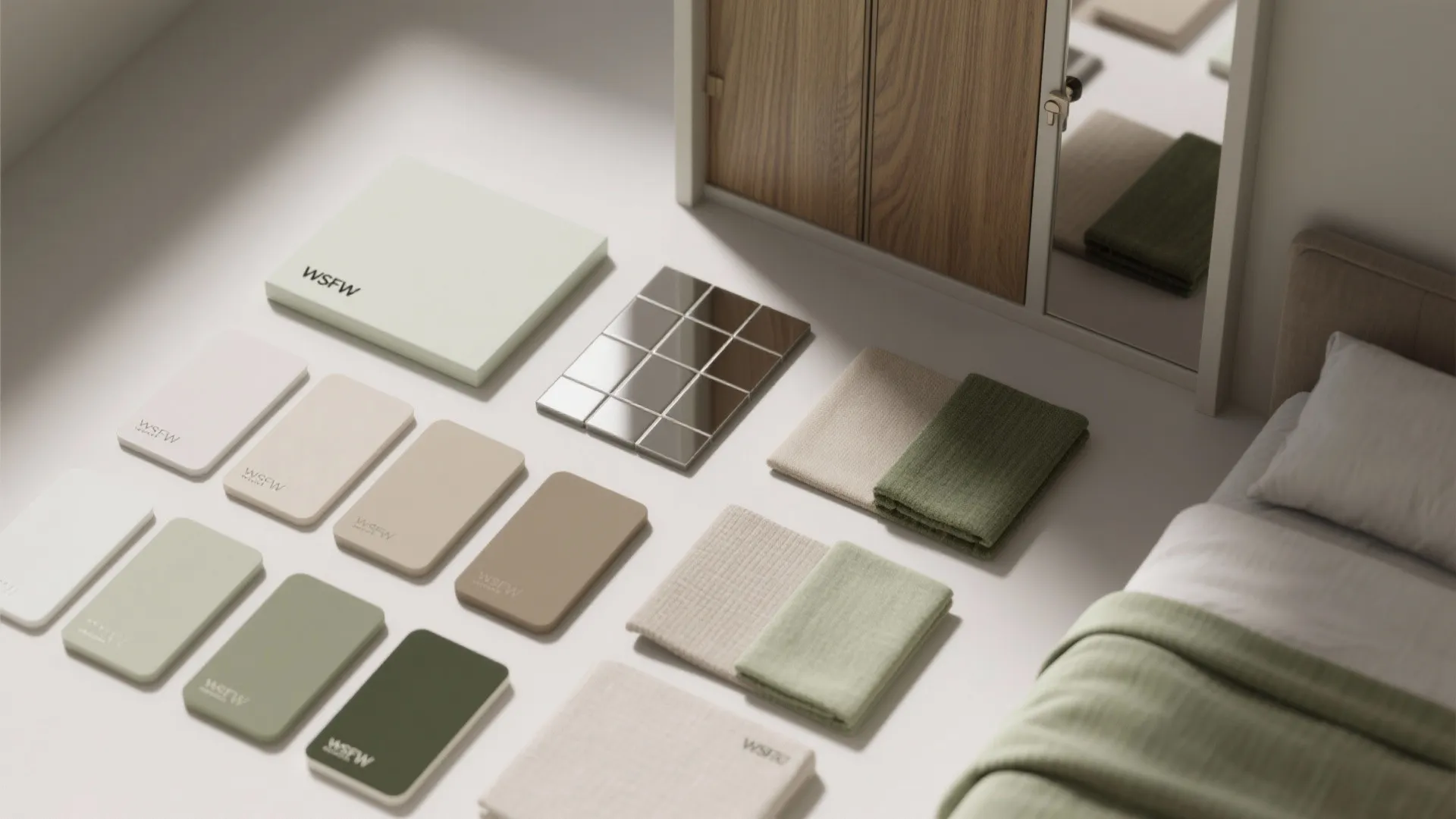 Top-down flatlay of paint swatches, satin and matte finish samples, mirror tile and wood veneer for a small bedroom palette.