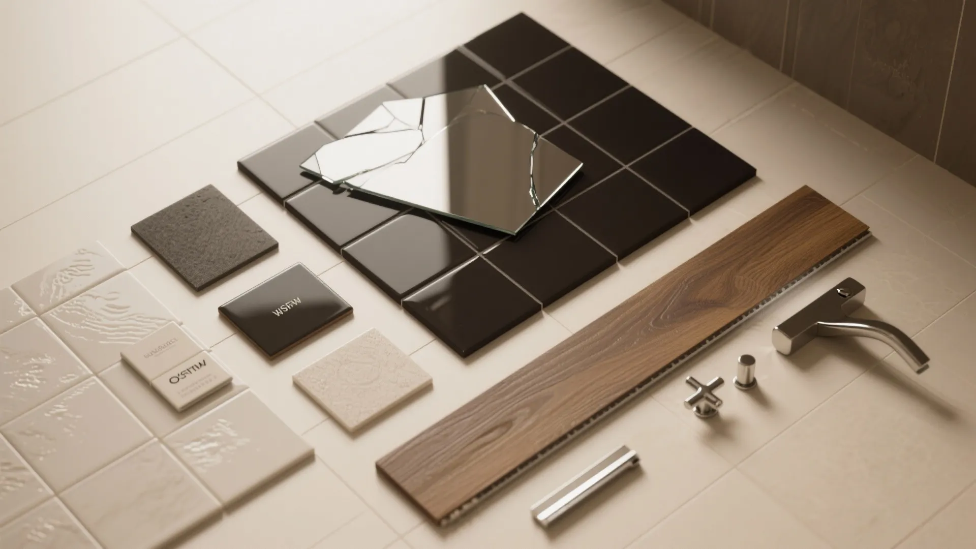 Material flatlay of glossy tiles, mirror, dark accent tile, wood floor plank and chrome fixtures for a small toilet.